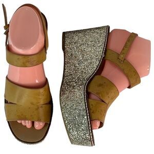 Aldo Margarita Strap Glitter Wedge Heel Summer Brown/Silver Glitter Sandals Sz 8